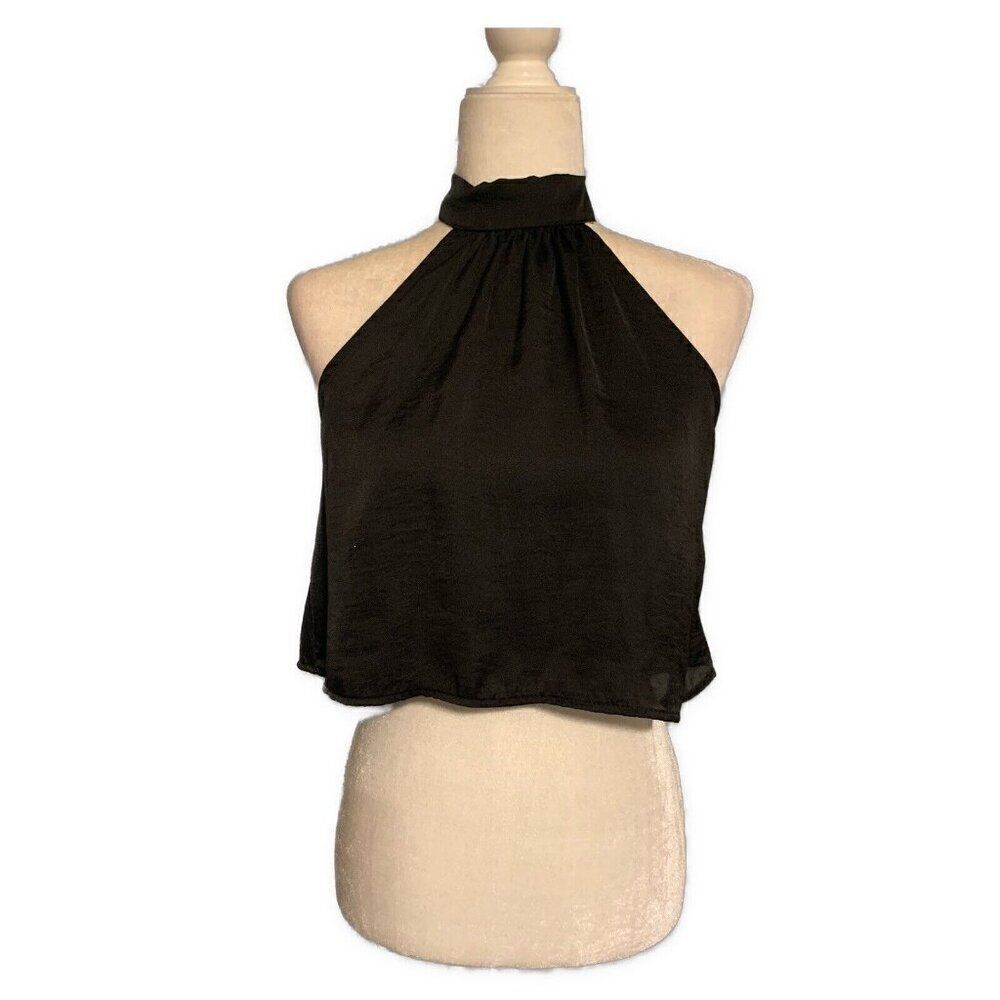 Solemino Womens Solid Black Satin Halter Tank Crop Top Medium